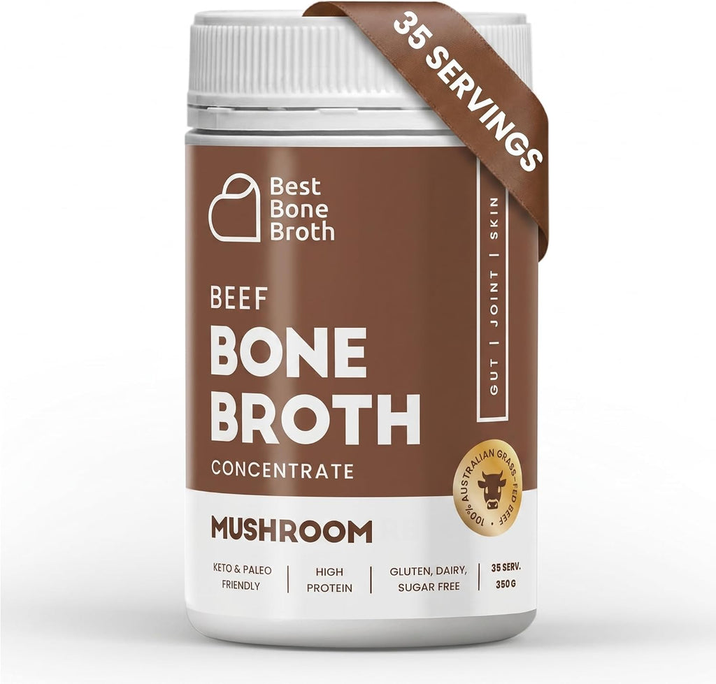 Grass-Fed Beef Bone Broth Concentrate with Mushrooms | Help Improve Joints, Skin, & Gut | Liquid Collagen Amino Acids | Keto, High Protein, Gluten Free | 35 Servings / 2.25 Gallons | Australian Beef