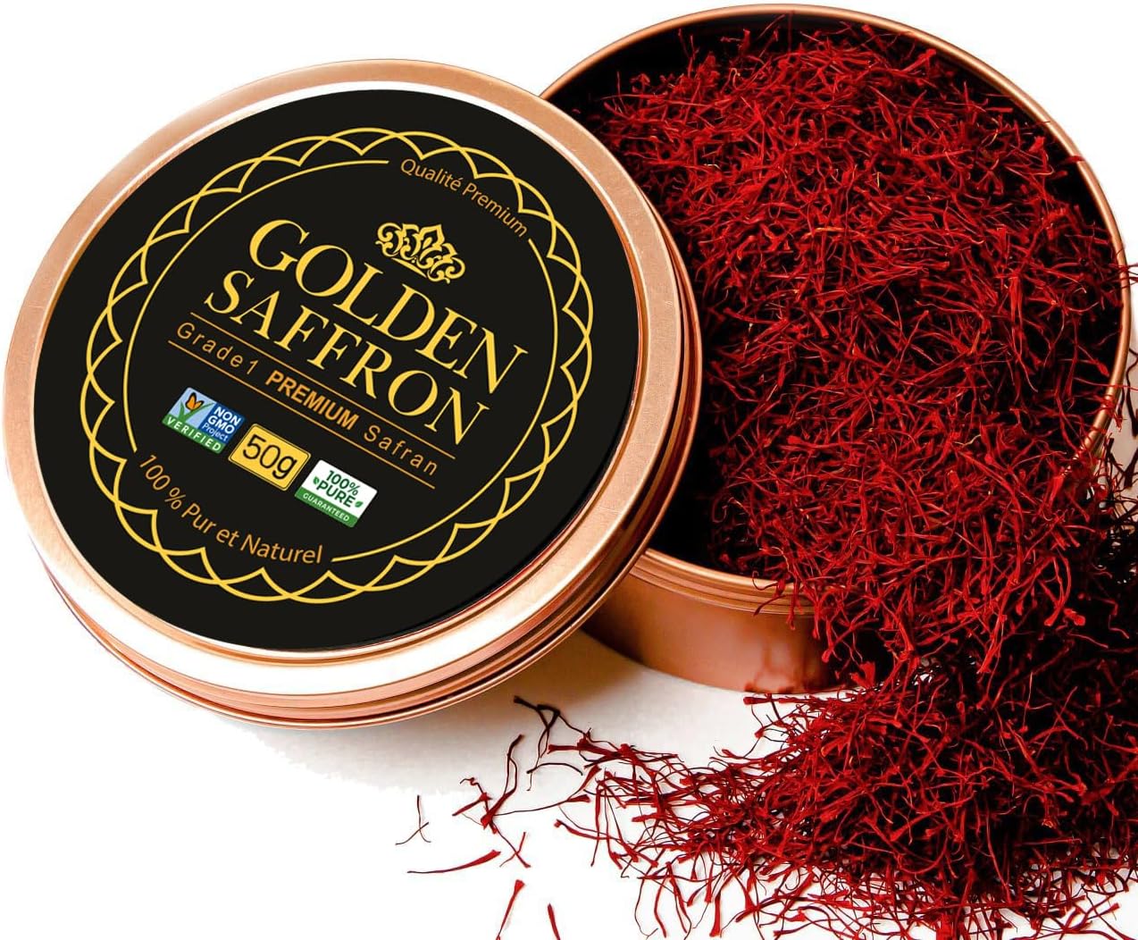Golden Saffron, Finest Pure Premium All Red Saffron Threads, Grade A+ Super Negin, Non-GMO Verified. For Tea, Paella, Rice, Desserts, Golden Milk and Risotto (50.0 Grams)