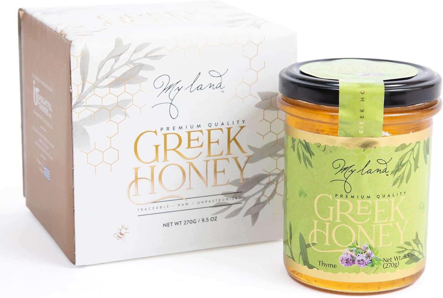 MY LAND Raw Unfiltered Greek Honey – Wild Thyme from Mt. Pangaion, Naturally Dense & Unpasteurized, Pollen-Rich Raw Sweetener from Greece | 9.5 oz Glass Jar (Pack of 1)