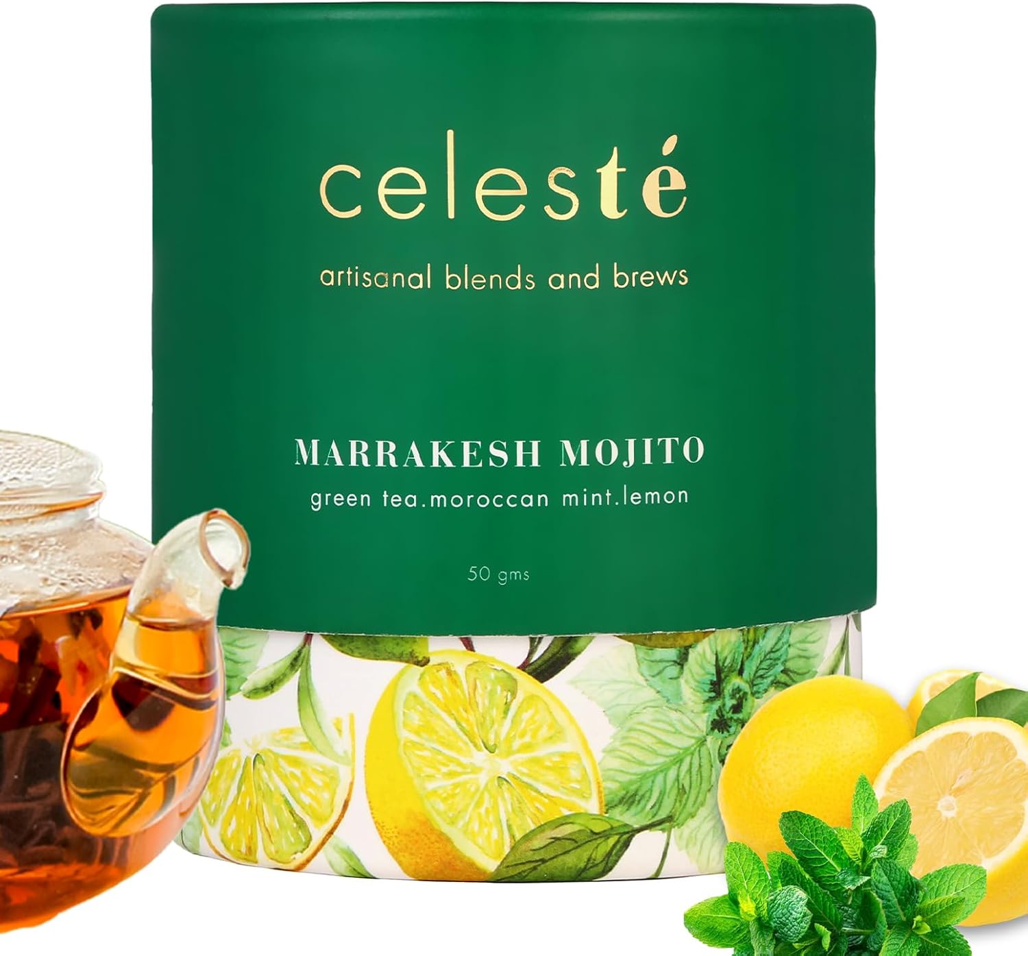 CelesTe Marrakesh Mojito, Moroccan Mint Tea Loose Leaf - Premium Blend with Mint and Lemon | 100% Natural Loose Leaf Green Tea (1.76 oz) (50 gm) (25 Cups)