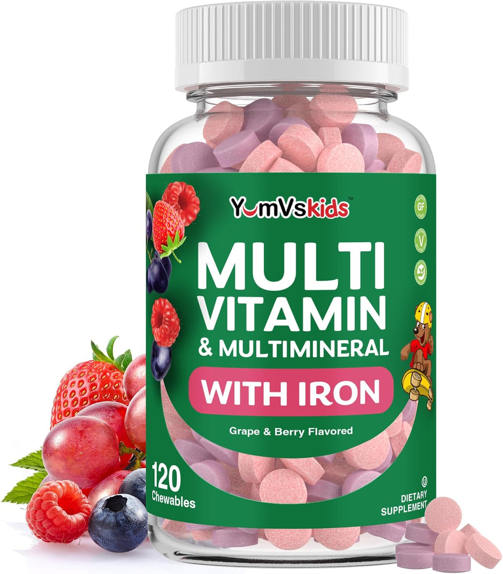 YumVs Kids Multivitamin with Iron & Minerals Chewable Tablets – Grape & Berry Flavor Vitamins for Toddlers & Children Age 2+ – Daily Multivitamin for Immune Support – Kosher, Non-GMO – 120 Chewables