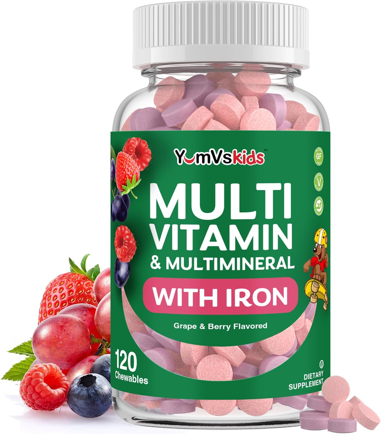 YumVs Kids Multivitamin with Iron & Minerals Chewable Tablets – Grape & Berry Flavor Vitamins for Toddlers & Children Age 2+ – Daily Multivitamin for Immune Support – Kosher, Non-GMO – 120 Chewables
