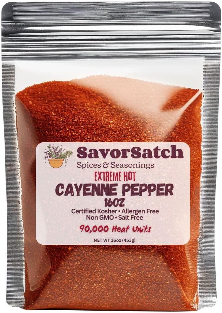 SavorSatch Ground Cayenne Chili Pepper - 90,000 SHU Extreme Heat, 16oz Stand-Up Resealable Pouch | Bulk Powder, Certified Kosher, Product of India, Premium Spice for Cooking & Seasoning
