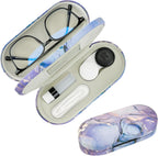 2 in 1 Contact Lens and Glasses Case,Double Sided Dual Use Design with Mirror, Tweezer and Contact Lens Solution Bottle,Portable Soak Storage Kit for Travel,Office(Purple Marble)