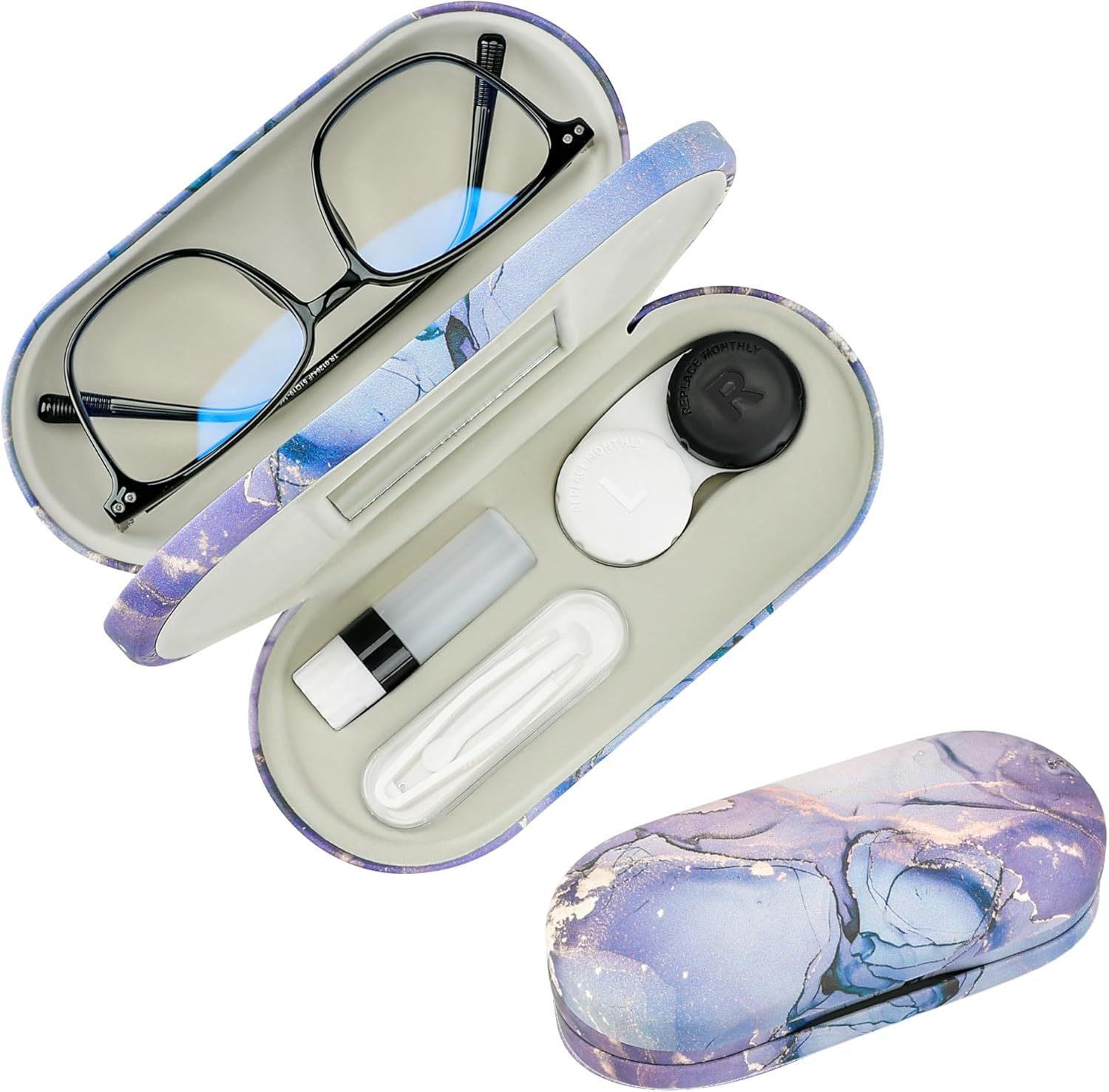 2 in 1 Contact Lens and Glasses Case,Double Sided Dual Use Design with Mirror, Tweezer and Contact Lens Solution Bottle,Portable Soak Storage Kit for Travel,Office(Purple Marble)