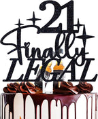 21 Finally Legal Cake Topper, Rip Fake ID, Cheers & Beers to 21 Years, Happy 21st Birthday Party Decoration Supplies, Black Glitter