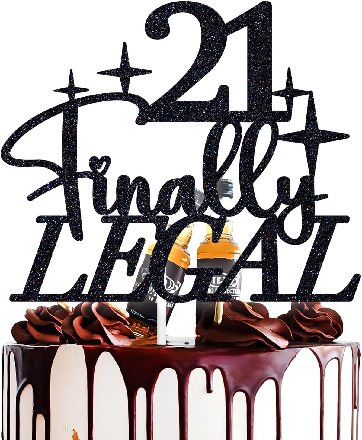 21 Finally Legal Cake Topper, Rip Fake ID, Cheers & Beers to 21 Years, Happy 21st Birthday Party Decoration Supplies, Black Glitter