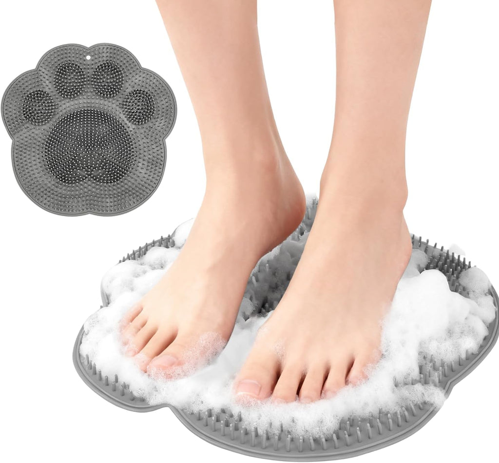 Shower Foot Scrubber Mat, 30x30cm Silicone Feet Cleaner with Strong Suction Cups and Storage Hook for Exfoliating & Washing, Gray