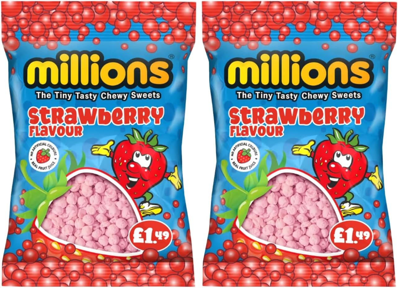 Millions Candy Assorted Flavors Pack 2 Pack, Strawberry, Vimto, Apple, Watermelon, Bubblegum, 110g (Strawberry)