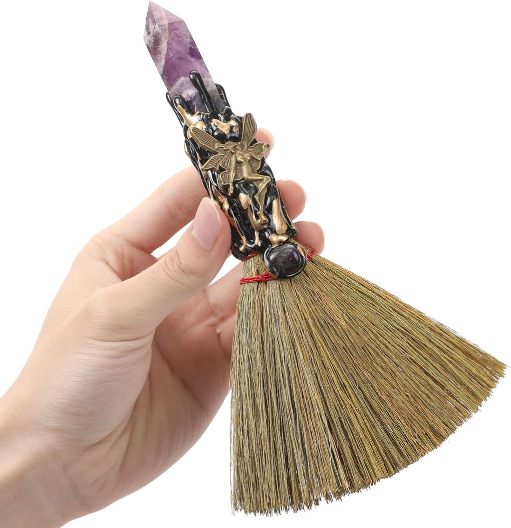 RENEMEGO Crystal Witch Altar Broom - Witchcraft Supplies with Amethyst Wiccan Stuff Broomstick with Natural Healing Crystals Hexagonal Points Pagan Fengshui Reiki Energy Clearing Gift