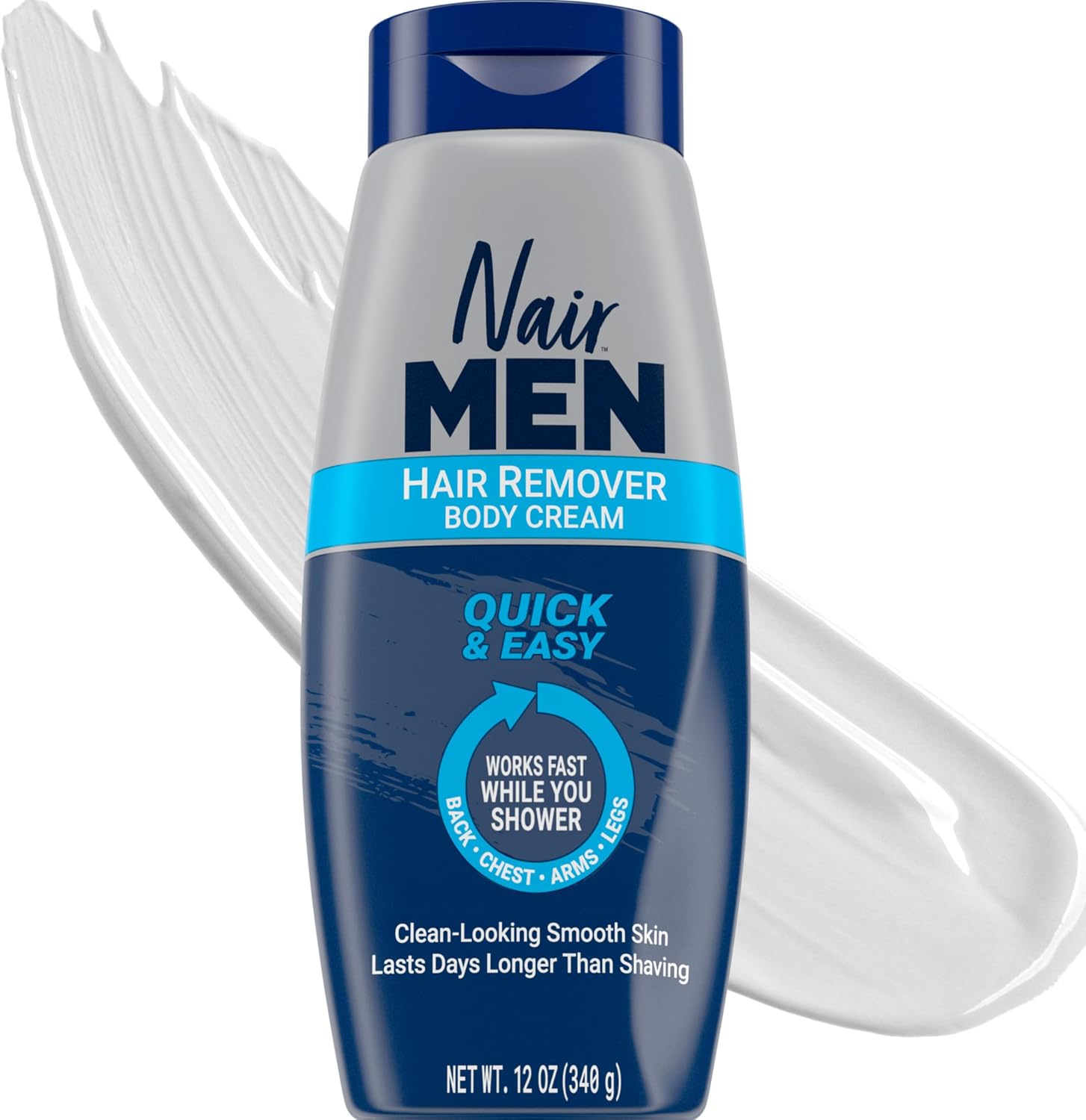 Nair Men Hair Remover Body Cream, Quick and Easy Body Hair Removal Cream for Men, Aloe and Lanolin, Dermatologist Tested, 12 Oz