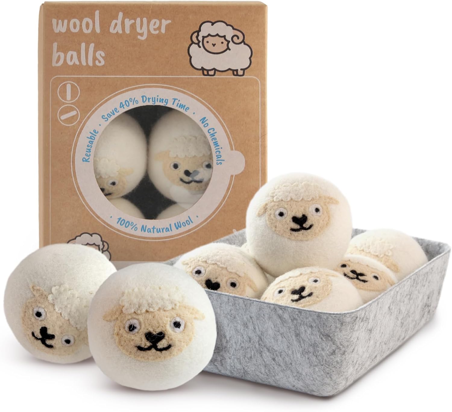 Wool Dryer Balls XL 6-Pack with Felt Storage Box, 100% Pure Wool Dryer Balls, Reusable Laundry Dryer Balls, Reduce Drying Time Wrinkles Static, Natural Fabric Softener Alternative (White Sheep)