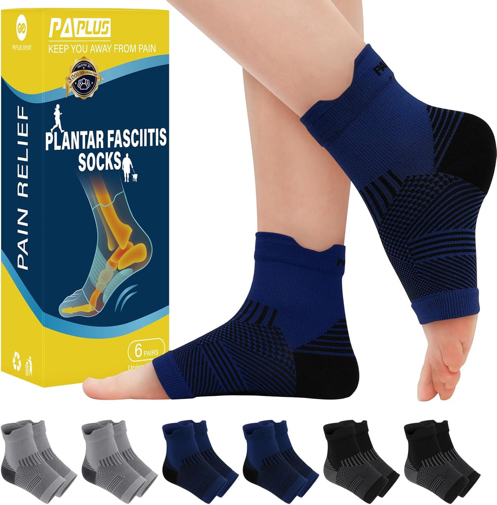 PAPLUS 6 Pairs Plantar Fasciitis Socks for Achilles Tendonitis Relief - Ankle Compression Socks for Women & Men - Ankle Brace with Arch Support for Swelling, Plantar Fasciitis Relief