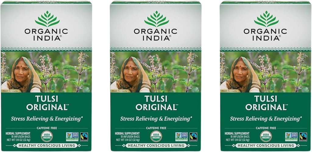 ORGANIC INDIA Tulsi Original Herbal Tea - Holy Basil and African Basil Calming and Stress Relief Tea, Immune Support, USDA Certified Organic, Non-GMO, Caffeine-Free - 18 Infusion Bags, 3 Pack