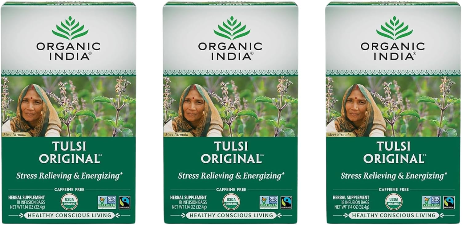ORGANIC INDIA Tulsi Original Herbal Tea - Holy Basil and African Basil Calming and Stress Relief Tea, Immune Support, USDA Certified Organic, Non-GMO, Caffeine-Free - 18 Infusion Bags, 3 Pack