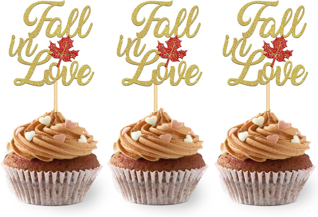 24PCS Fall in Love Cupcake Toppers Fall Theme Party Decorations, Bridal Shower Cupcake Picks Engagement Cake Decorations, Wedding Anniversary Bridal Shower Party Decorations (Gold)