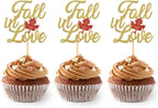 24PCS Fall in Love Cupcake Toppers Fall Theme Party Decorations, Bridal Shower Cupcake Picks Engagement Cake Decorations, Wedding Anniversary Bridal Shower Party Decorations (Gold)