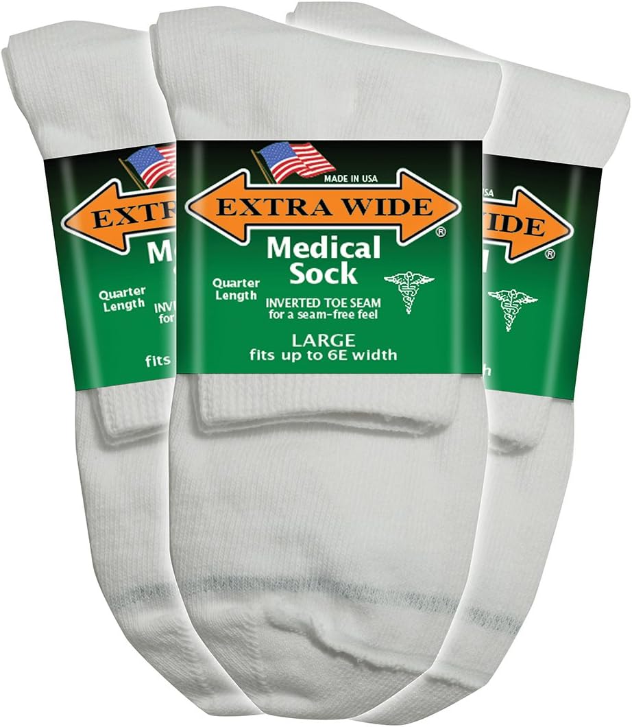 Extra Wide Medical (Diabetic) Quarter Socks (Pack of 3), Made in USA