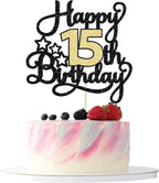 1Pc Happy 15th Birthday Cake Topper Black Gold Glitter Cheers to 15 Years Birthday Cake Pick 15 Fabulous Cake Decoration for Happy 15th Birthday Anniversary Party Cake Decorations Supplies