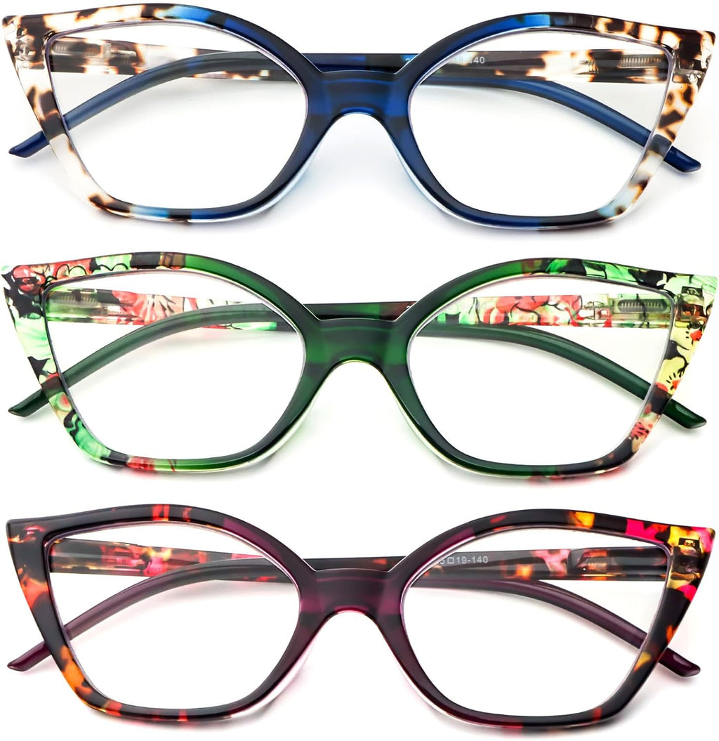 DXYXYO Cat Eye Reading Glasses for Women 3 Pack Anti Blue Light Computer Readers Stylish Retro with Spring Hinge