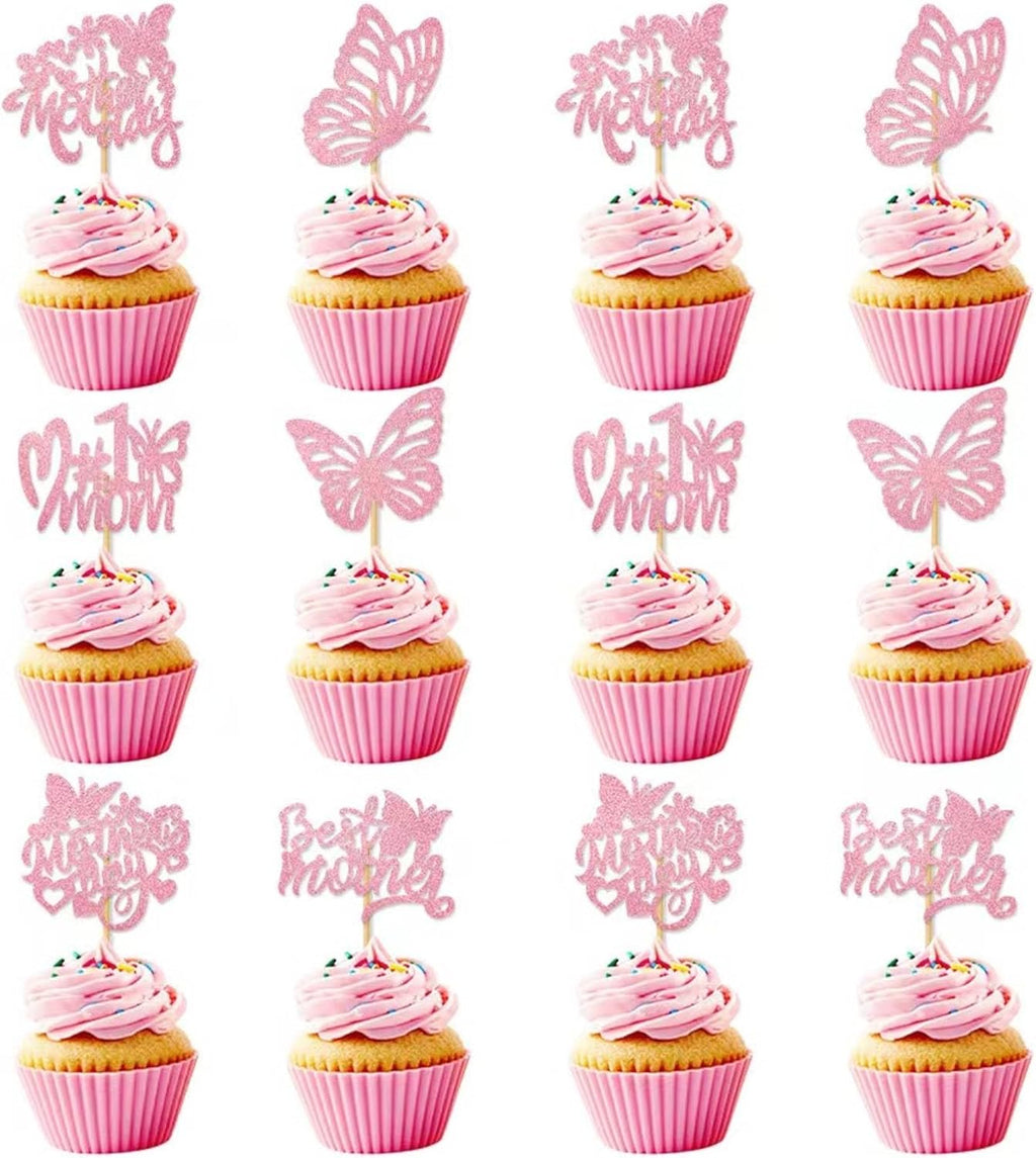 12Pcs Mother's Day Cupcake Toppers,Pink Glitter Cake Toppers Butterfly Cupcake Picks for Coquette Theme Party Decoration Engagement Wedding Baby Shower Party Cupcake Decor