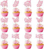 12Pcs Mother's Day Cupcake Toppers,Pink Glitter Cake Toppers Butterfly Cupcake Picks for Coquette Theme Party Decoration Engagement Wedding Baby Shower Party Cupcake Decor