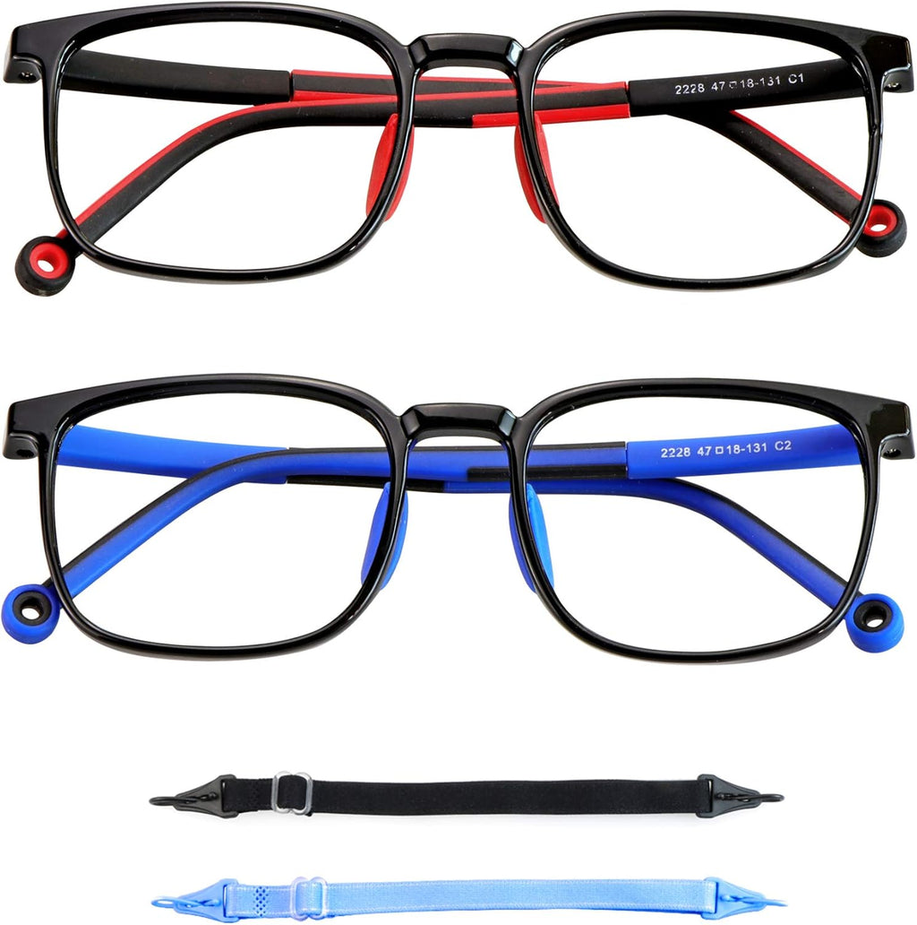 2 Pack Kids Blue Light Blocking Glasses, Computer Glasses with Rope, Anti Blurry and Eyestrain, Cut UV400 Anti Glare for Children Age 3-12 (Black Red, Black Blue)