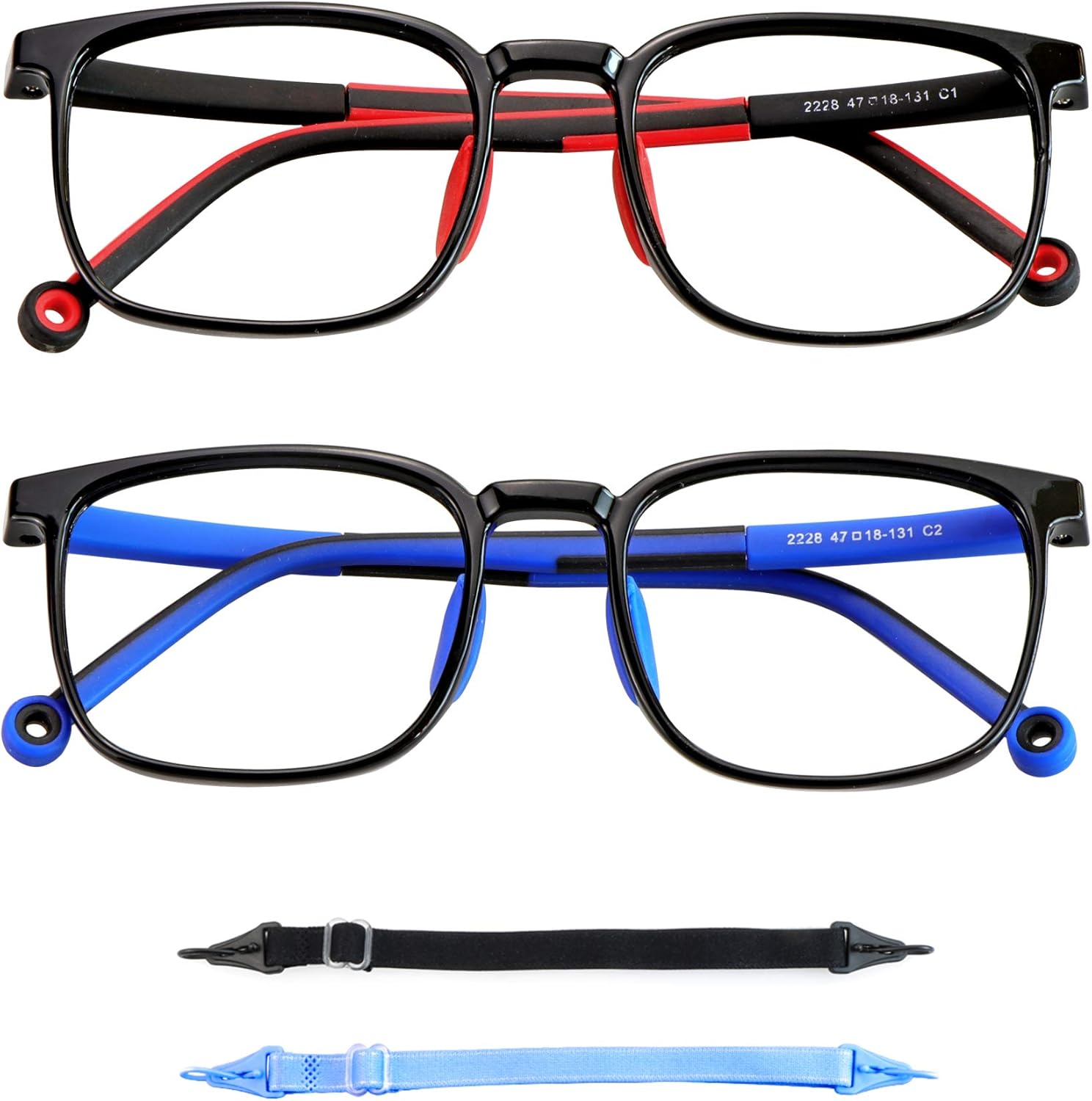 2 Pack Kids Blue Light Blocking Glasses, Computer Glasses with Rope, Anti Blurry and Eyestrain, Cut UV400 Anti Glare for Children Age 3-12 (Black Red, Black Blue)