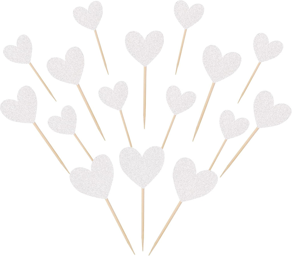30 PCS Love Heart Cupcake Toppers Glitter Mixed Size Wedding Engagement Cupcake Picks Decorations for Wedding Anniversary Bridal Shower Birthday Valentine's Day Party Supplies Silver