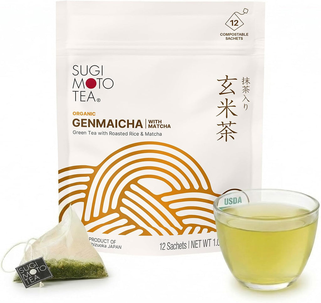 SUGIMOTO TEA Japanese Organic Genmaicha with Matcha Green Tea Bags 12 Count