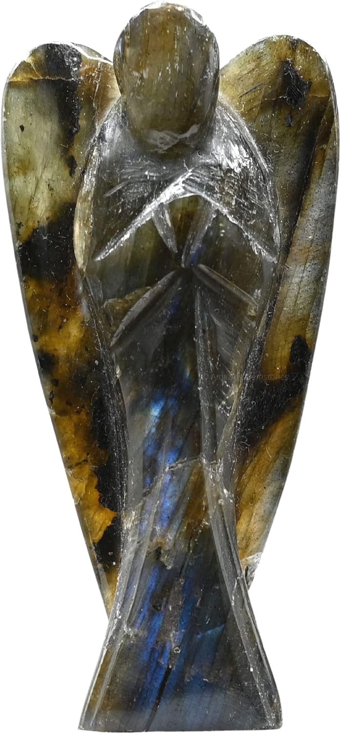 Amazing Gemstone Labradorite Crystal Guardian Angel Figurines Ornament for Healing Birthstone, Decoration Statue (Hand Carved Pocket Gemstone Angel) (3 inch)