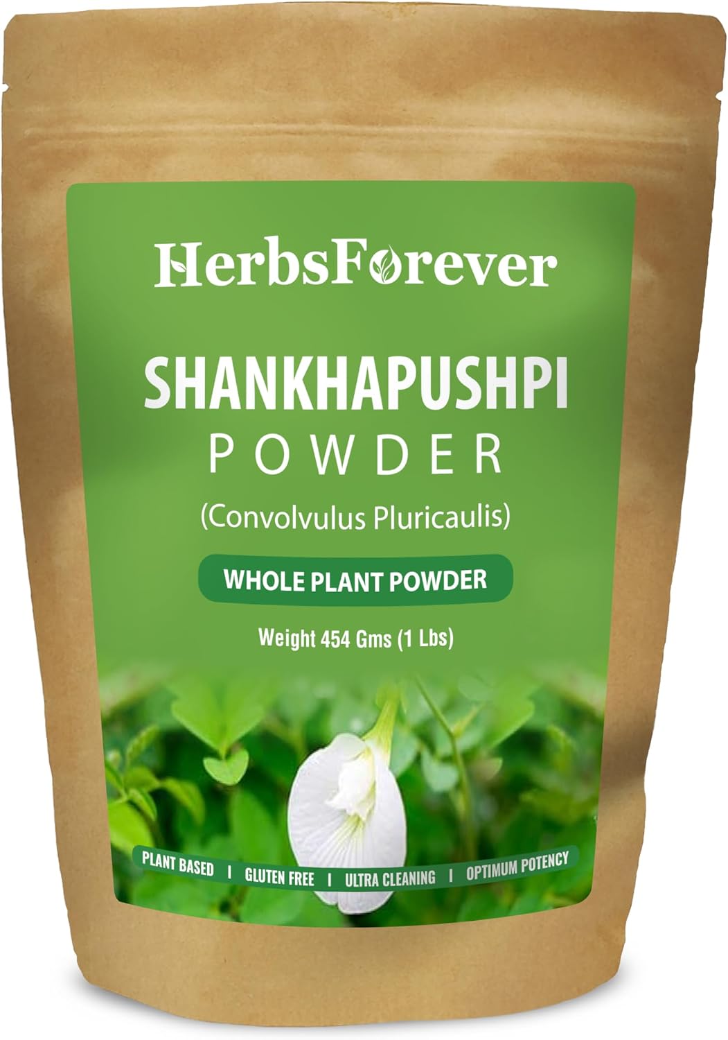 HerbsForever Shankhpushpi(Convolvulus Pluricaulis) Whole Plant Powder,Nervine & Brain Tonic, Cognitive Function |Wild Harvested,Non GMO,2X Potency,Ultra Clean-NO Sand & Mud, Steam Treated|16oz-1LBS
