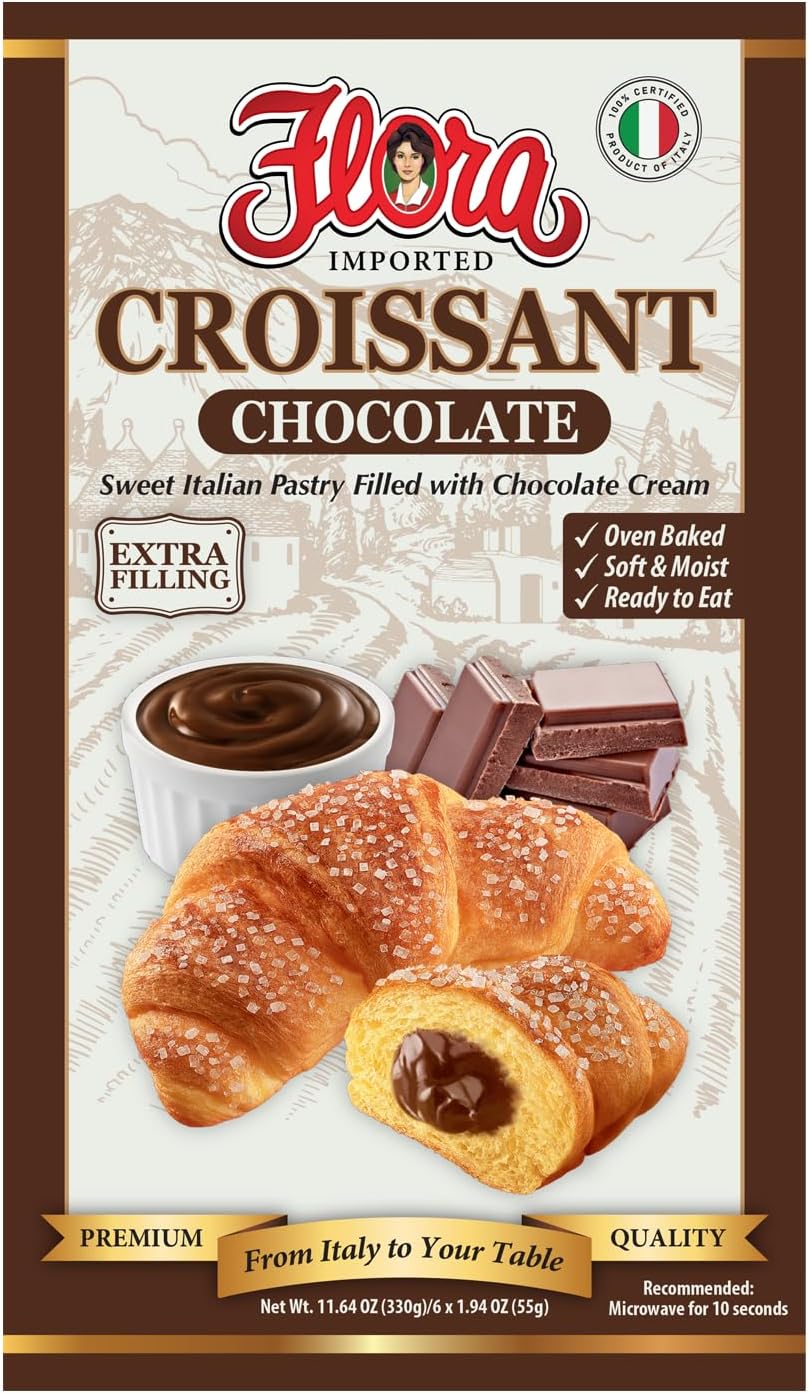 Flora Chocolate Croissants – Authentic Italian Pastry with Chocolate Cream Filling | Soft, Oven-Baked & Ready to Eat | Imported from Italy (Pack of 6)
