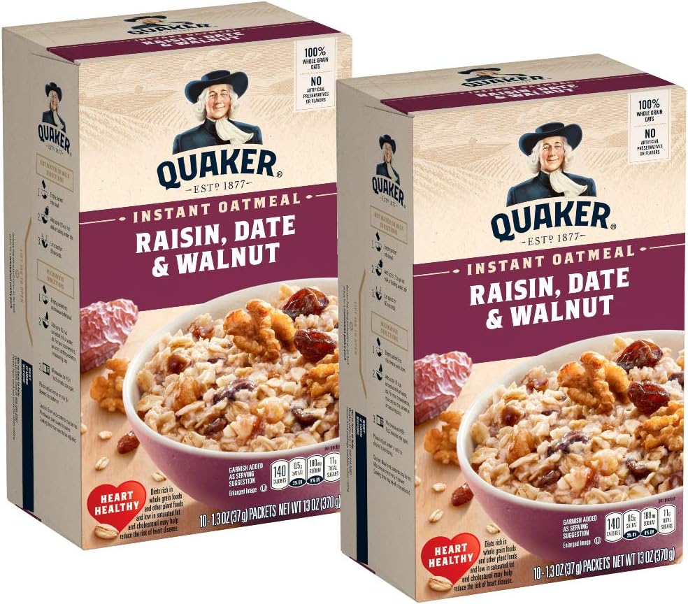 Quaker Raisin, Date & Walnut 100% Whole Grains Fiber Instant Oatmeal - 2 Boxes (26 oz)