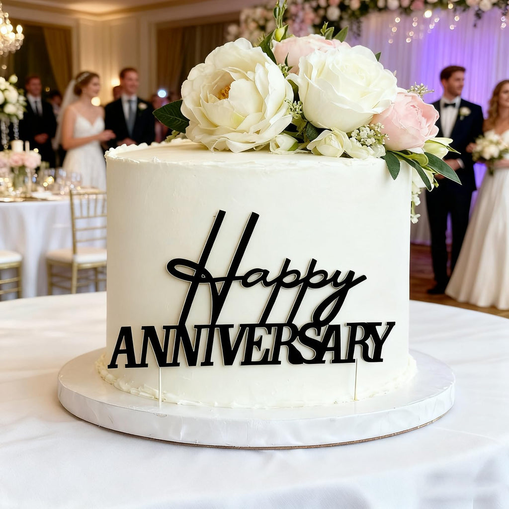 Happy Anniversary Topper, Black Acrylic Party Cake Side Decoration, Company Anniversary Sign Decoration Cake Charm for Valentine's Day Wedding Party Supplies (Black)
