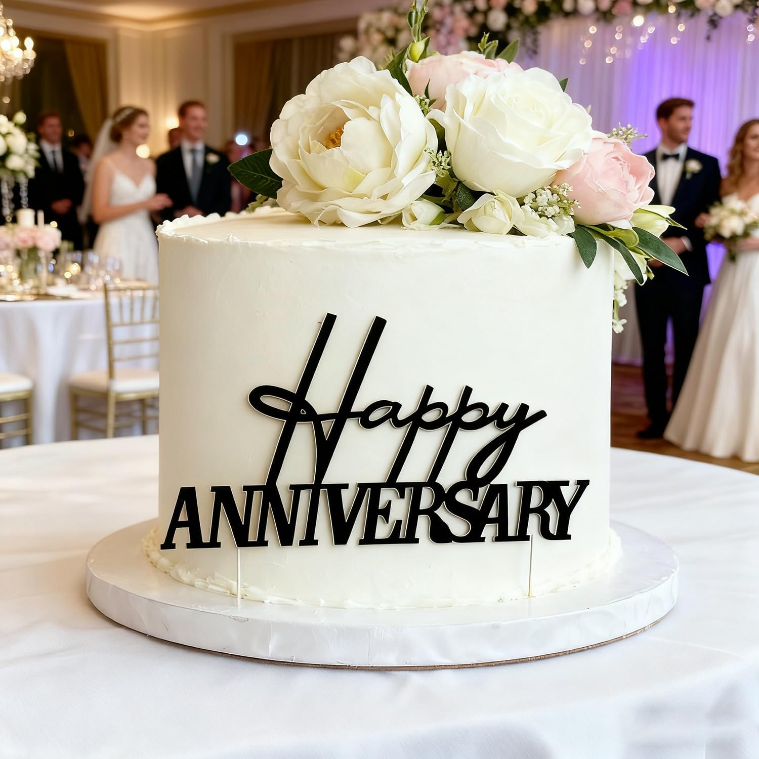 Happy Anniversary Topper, Black Acrylic Party Cake Side Decoration, Company Anniversary Sign Decoration Cake Charm for Valentine's Day Wedding Party Supplies (Black)