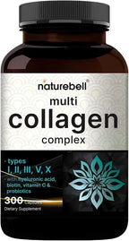 NatureBell Multi Collagen Complex - 300 Capsules - 5 Collagen Peptides (Type I, II, III, V, X), Hyaluronic Acid, Biotin & Probiotics - Hair, Skin, Nail, Joint & Gut Health Support*