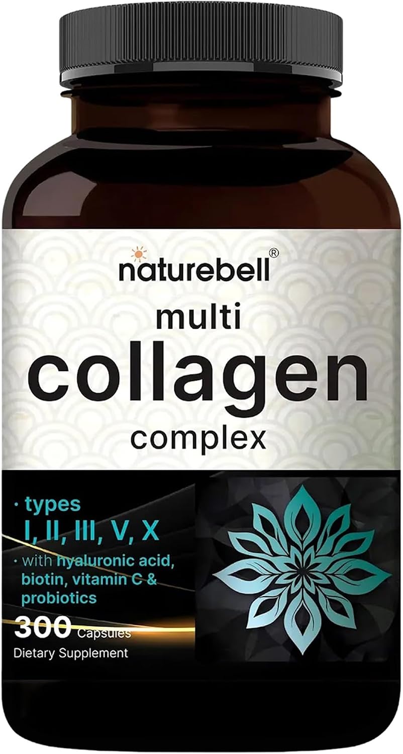 NatureBell Multi Collagen Complex - 300 Capsules - 5 Collagen Peptides (Type I, II, III, V, X), Hyaluronic Acid, Biotin & Probiotics - Hair, Skin, Nail, Joint & Gut Health Support*
