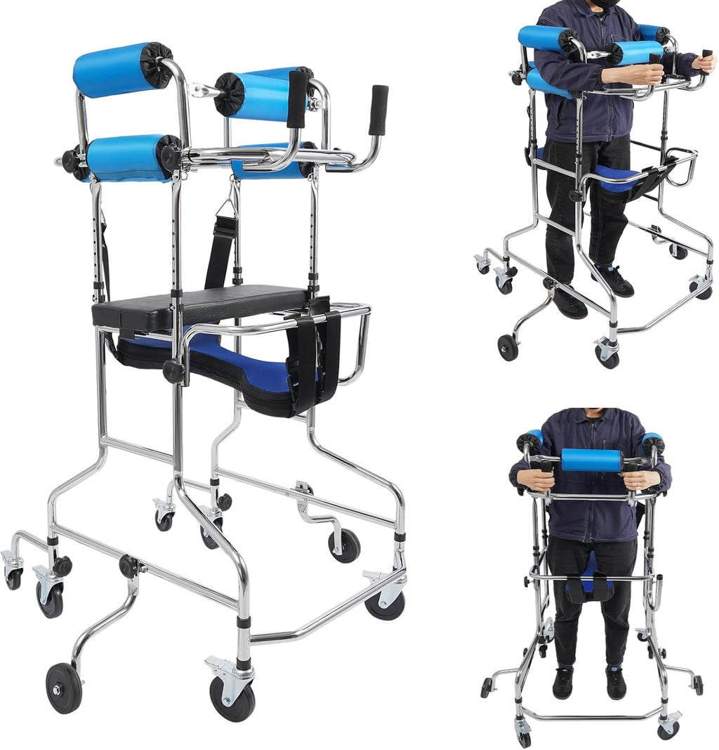 Adult Walker for Seniors - Hemiplegia Rehabilitation Standing Frame, Lower Limb Training Aid with Seat and Wheels for People 58-71 in, withstands 220 lbs, Upright Walkers for Disabled