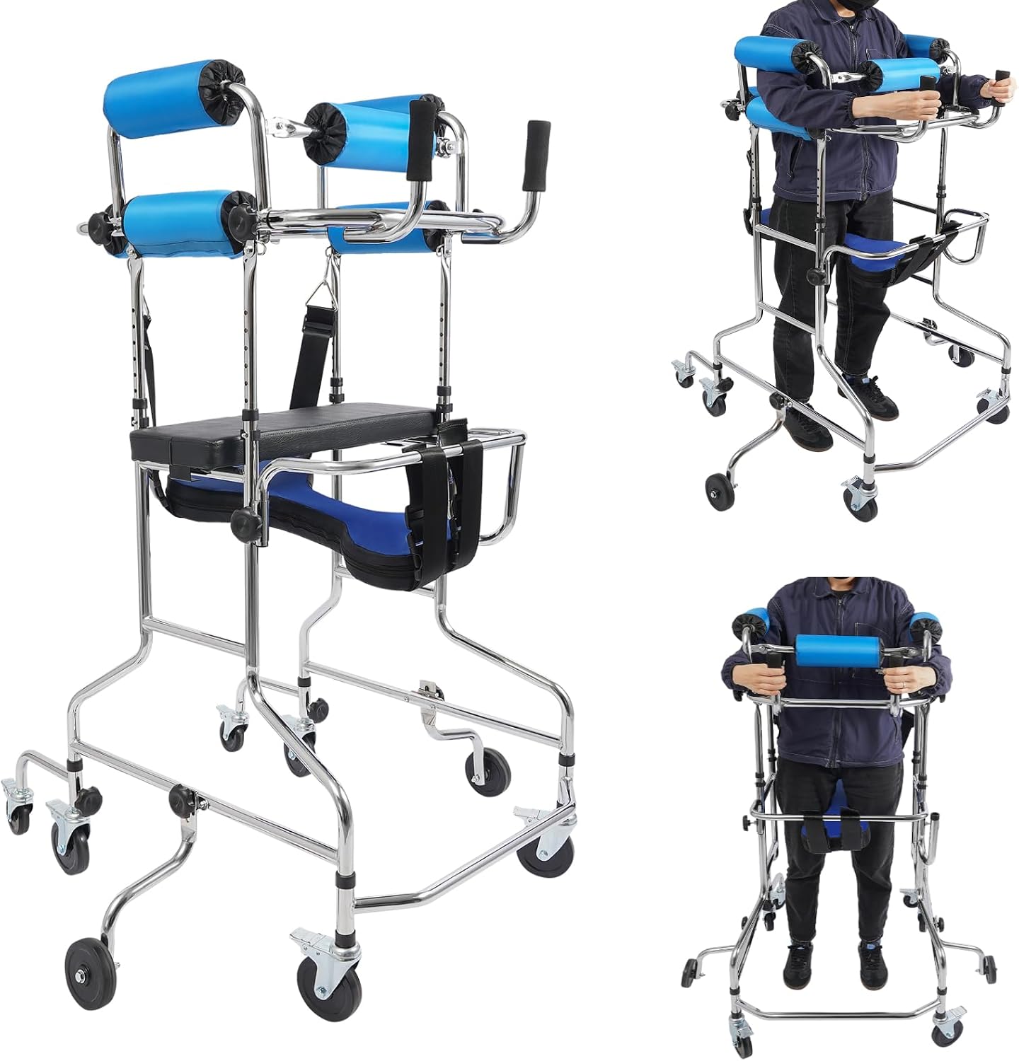 Adult Walker for Seniors - Hemiplegia Rehabilitation Standing Frame, Lower Limb Training Aid with Seat and Wheels for People 58-71 in, withstands 220 lbs, Upright Walkers for Disabled
