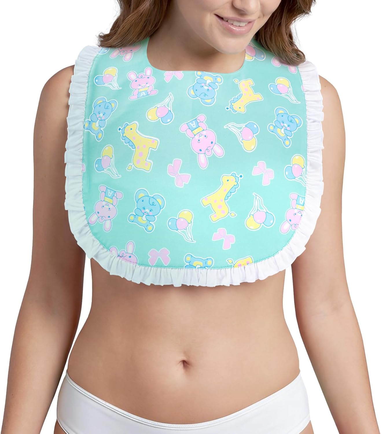Littleforbig Silky Waterproof Babydoll Printed Adult Bib with Adjustable Hook-and-Loop Fastener Closure - Baby Parade Big Baby Ruffle Bib