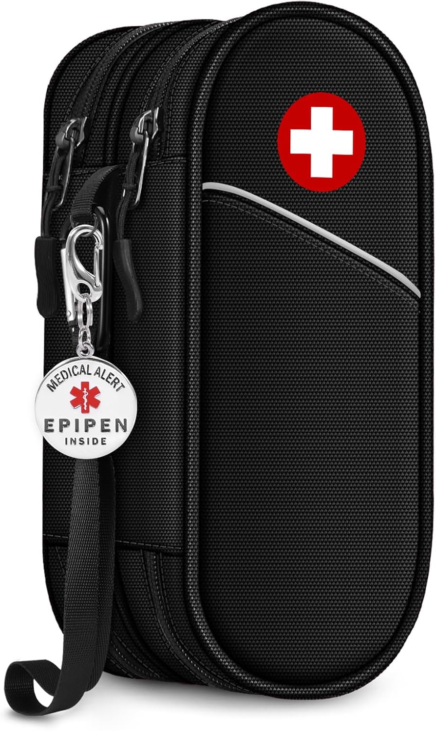 SITHON Double-Layer Epipen Carrying Case with Medical Alert Tag, Travel Medication Organizer Bag Pouch Holds 2 EpiPens, Asthma Inhaler, Anti-Histamine, Auvi-Q, Allergy Medicine Essentials (Black)