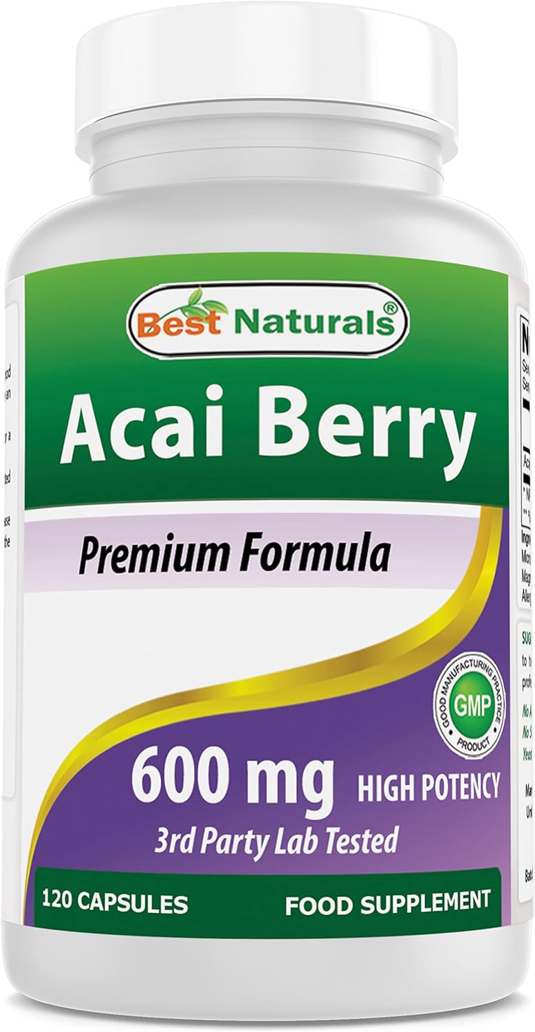 #1 Acai Berry 600mg per Serving by Best Naturals -- 100% Pure High Potency -- Supports Fat Metabolism -- Manufactured in a USA Based GMP Certified Facility and Third Party Tested for Purity. Guaranteed!! (120 Caps)