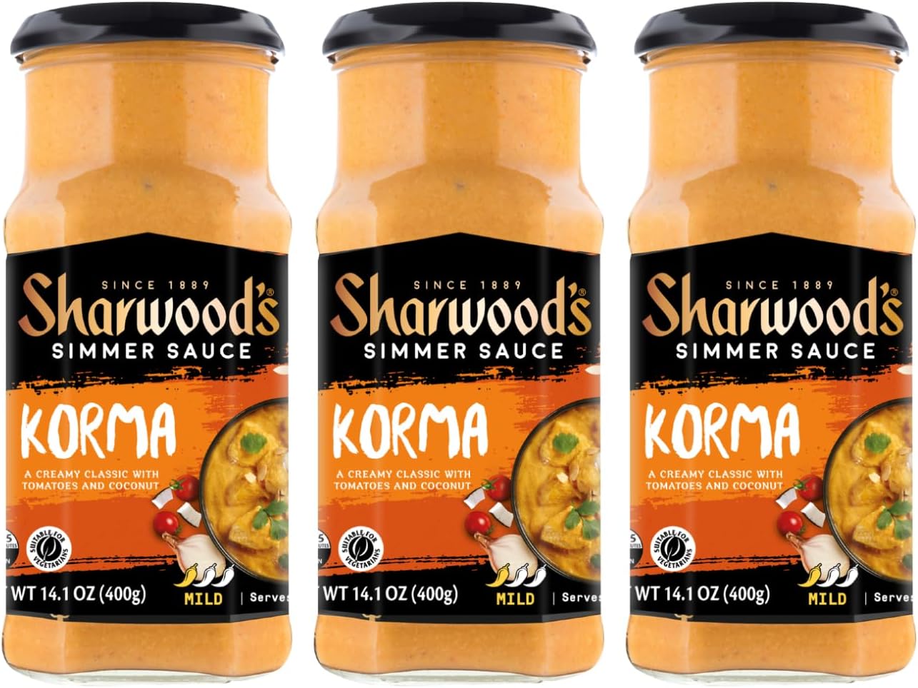 Sharwood’s Indian Cooking Sauce, Rich Authentic Flavor, Quick & Easy Meal Prep, 14.1 oz Glass Jars (3 Pack) (3 Pack, Korma)