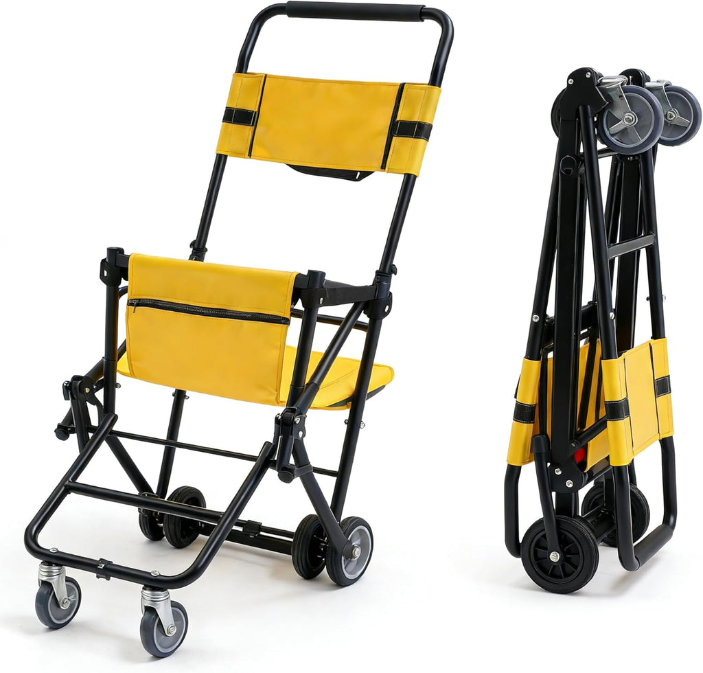 Portable Folding Lift Stair Chair, 350 lbs Capacity, Aluminum Alloy Manual Transport Chair with 4 Wheels & Safety Belts, Evacuation Rescue Chair for Moving Elderly Patients(Yellow)