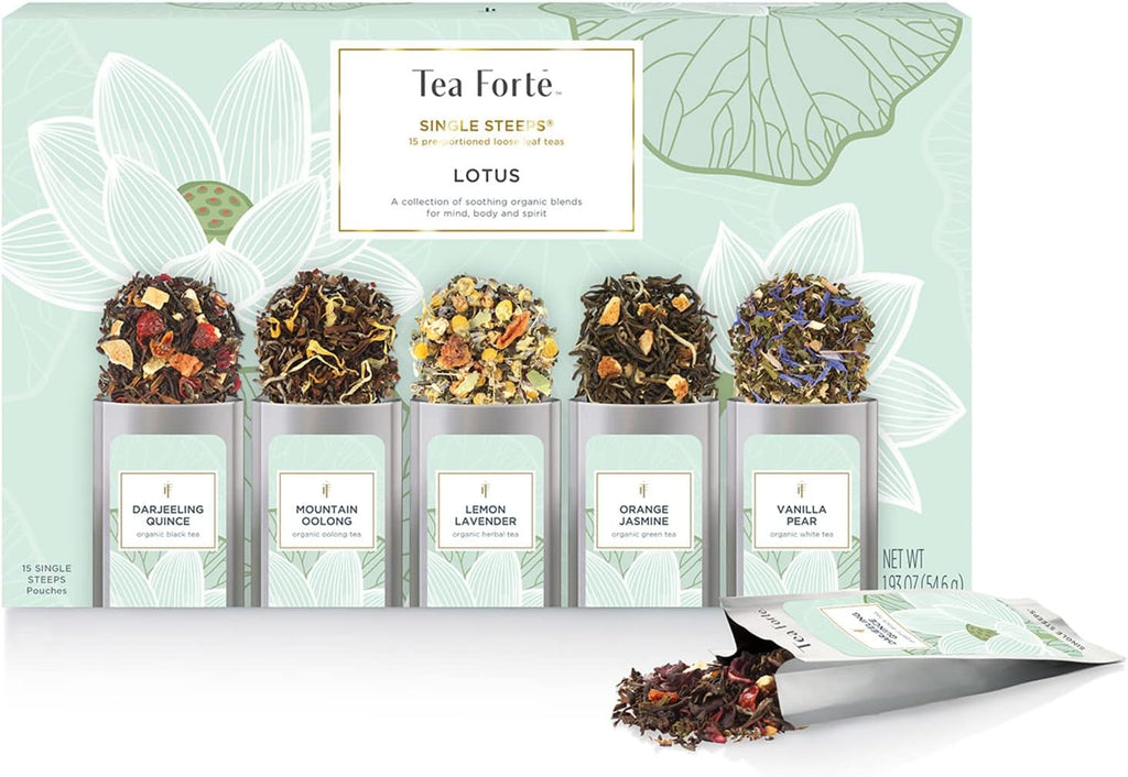 Tea Forte Single Steeps Loose Leaf Tea Sampler, Assorted Variety Tea Box, 15 Single Serve Pouches, Lotus Tea