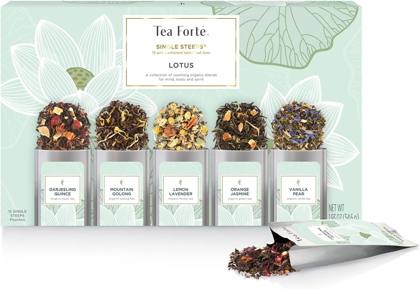 Tea Forte Single Steeps Loose Leaf Tea Sampler, Assorted Variety Tea Box, 15 Single Serve Pouches, Lotus Tea