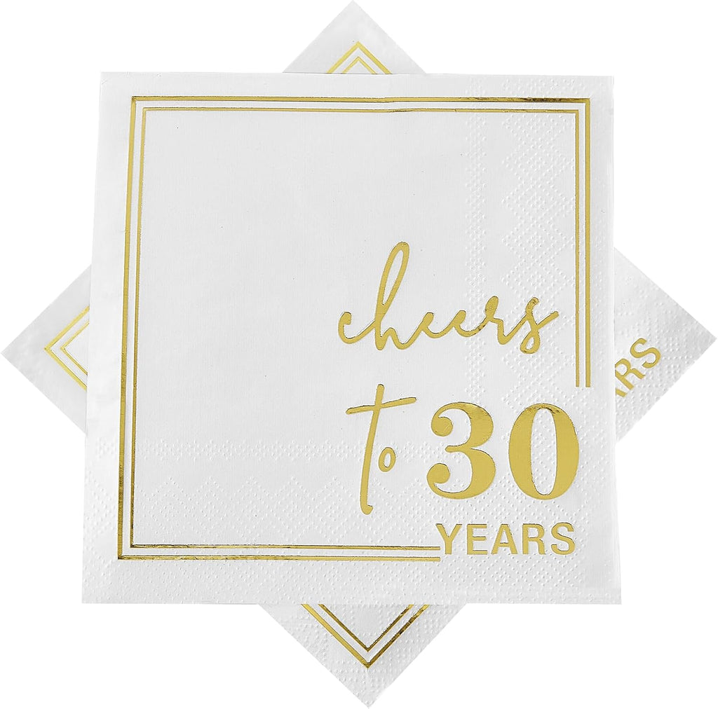 Ottin White Gold Cheers to 30 Years Cocktail Paper Napkins, 5x5 Inches, 50 Counts, 3-Ply Disposable Party Napkins for 30th Birthdays Decorations, Anniversaries, Weddings, Indoor & Outdoor Celebrations