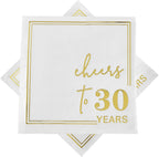 Ottin White Gold Cheers to 30 Years Cocktail Paper Napkins, 5x5 Inches, 50 Counts, 3-Ply Disposable Party Napkins for 30th Birthdays Decorations, Anniversaries, Weddings, Indoor & Outdoor Celebrations