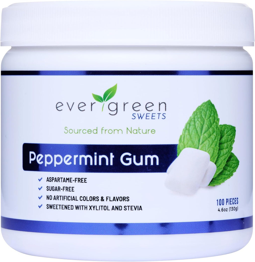 Evergreen Sweets Chewing gum 100 Count Jar - Natural Peppermint Gum Made with Xylitol and Stevia - Sugar-Free, Aspartame Free and Vegan